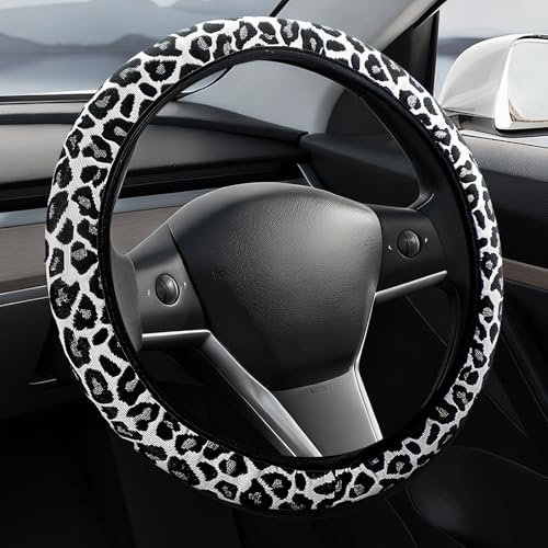 Leopard-Print Auto-Lenkradhülle 38 cm / 15 Zoll – Atmungsaktiv, rutschfest & Lichtbeständig – Universale Passform für PKW, SUV, LKW, Wohnmobile & Transporter (Grau Leopard)
