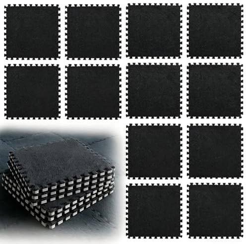 LUPATDY 12 Stück Ineinandergreifende Plüsch Schaumstoffmatte 30x30cm, Puzzlematte Baby, Schaumstoff Puzzle Matten, Wohnzimmer Schlafzimmer Teppichfliesen, Bodenfliesen Für Spielz (Schwarz)