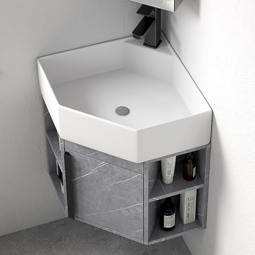 Vanity - Mobile da bagno angolare con lavandino, lavabo angolare con mobile, mobiletto da bagno a parete, lavabo galleggiante a profondità stretta, per piccoli spazi (grigio, 45 cm)