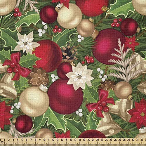 ABAKUHAUS Weihnachten Stoff als Meterware, Baum-Zweig Glocken, Microfaser Multi Zweck Dekostoff für Kunsthandwerke, 3M (230x300cm), Rubin Grün