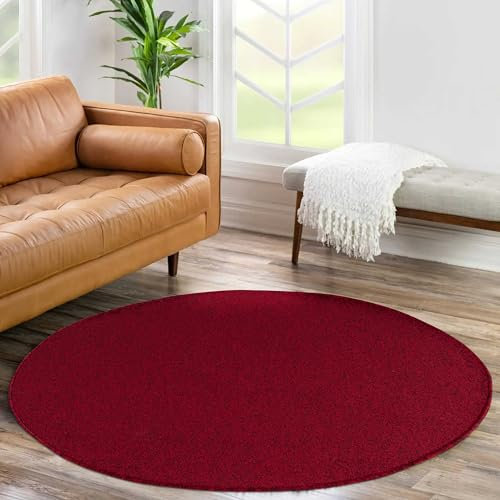 HomebyHome Kurzflor Teppich Wohnzimmer 120 cm Rund Rot - Modern Gabbeh-Look Teppich Extra Weich, Pflegeleicht und Langlebig - Ideal für Schlafzimmer, Küche und Esszimmer