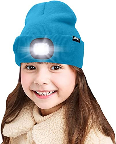 ATNKE Kids LED beleuchtete Mütze mit Licht, USB Wiederaufladbare 4 LED Scheinwerfer wasserdichte Winterwärmer Strick Nachthüte mit leichten Jungen Mädchen/Lake Blue