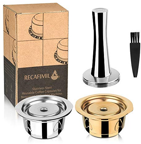 i Cafilas Capsule de café rechargeable pour Nespresso Vertuoline en acier inoxydable, capsules de café réutilisables pour Nespresso Vertuo Espresso (1 argenté + 1 doré + tampon)