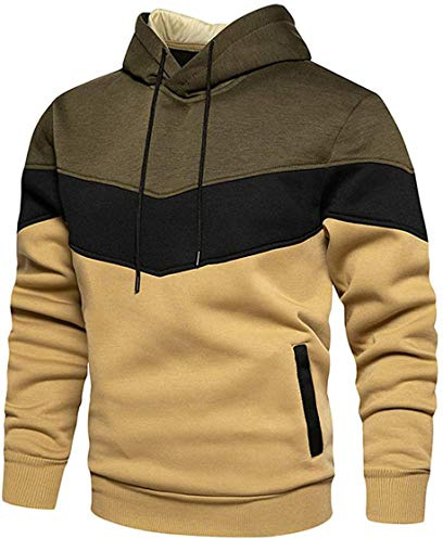 comefohome Mens Hoodie Pullover Color Block Sweatshirts Long Sleeve Hoody Drawstring Casual Tops with Pockets Army Green L