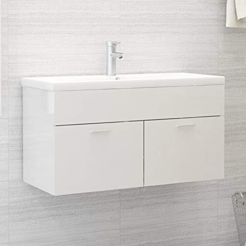 Tidyard Armoire d'évier, Meuble Salle de Bain Cabinet Rangement sous Lavabo, 1 Compartiment et 2 Portes, Meubles sur Pied Blanc Brillant 90x38,5x46 cm Aggloméré