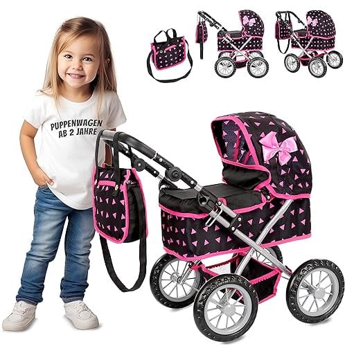 Kinderplay Puppenwagen ab 2 Jahre, Kinderwagen Puppen - Leichte und Stabile Konstruktion, Kinderpuppenwagen ab 3 Jahre, Höhenverstellbar von 33 bis 63 cm, KP0261R