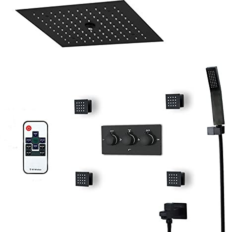 LED Shower System Matte Black, 300 * 300 Ceiling Mount Rainfall Waterfall Shower Head with Hand Shower, Tub Spout, Body Jet, Bath Shower Mixer Tap,Remote Control