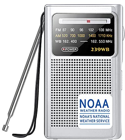 Greadio NOAA Weather Radio, AM/FM Battery Operated Transistor Portable Radio with Best Reception,Stereo Earphone Jack,Powered by 2 AA Battery for Emergency,Hurricane,Running, Walking,Home (Silver)