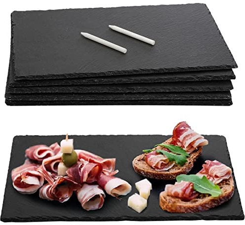 Hacaroa 6 Stück Schiefer Käsebrett, 30x20 cm Schwarz Charcuterie Boards Naturschiefer Steinplatte Tablett, Gourmet Servierplatte für Fleisch, Obst, Parteien, Vorspeisen