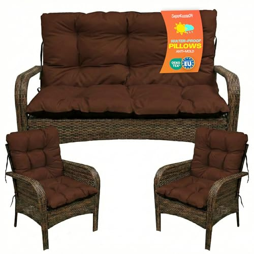SuperKissen24. Sitzkissen Bankkissen Bankauflage - 120x50 cm und Rückenlehne 120x60 cm mit 2er 48x96 cm Stuhlkissen Set - Outdoor und Indoor - Braun