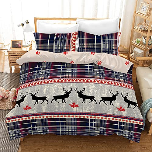 AVJWWD Weihnachts Bettwäsche Set Weihnachten Bettbezug, Weihnachtsmann,Weihnachtselch und Weihnachts-Schneeflocken-Muster,weiche Mikrofaser mit Reißverschluss (Karierter Elch, 220 x 240 cm)