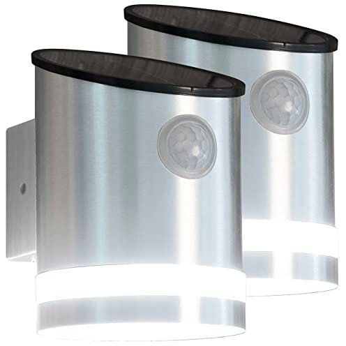 Lunartec LED Außenleuchte: 2er-Set Solar-LED-Wandleuchten mit Bewegungssensor, Edelstahl, 50 lm (Solarleuchten aussen, Solar-Leuchten, Solarlampe mit Bewegungsmelder)