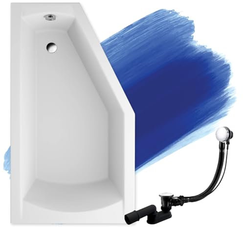 BADLAND Badewanne Original Weiß Acryl Wanne Eckbadewanne SELENA 150x90 Links KOMPLETTSET SET + Füßen und Exklusive Chrom Automatik Ablaufgarnitur Made in EU 3in1