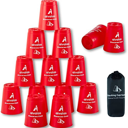 Aivalas Stacking Cups, Quick Stack Cups Game with 12 PCS Stacking Cups & Durable Carry Bag, Classic Stacking Games for Kids Adults Family(Red)