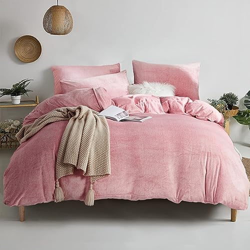 Damier Winter Plüsch Bettwäsche 220x240cm Rosa Warm Cashmere Coral Fleece Bettwäsche Set mit Reißverschluss und 2 Kissenbezüge 80 x 80cm