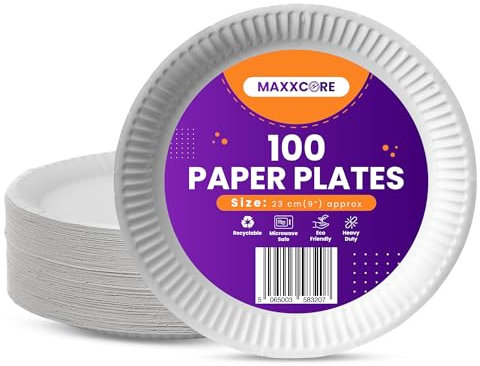 MaxxCore Paper Plates 9 inch - 100-Pack Disposable Plates - Heavy Duty Paper Plates - Large Paper Plates - Disposable Dinner Plates for School, Office, BBQ, Restaurant - White Party Plates