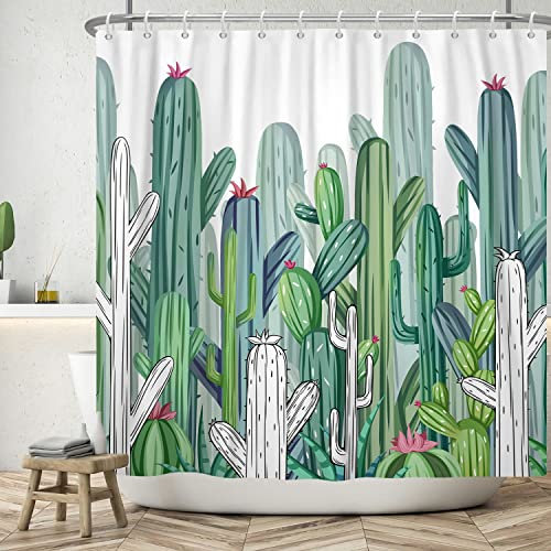 MIRRORANG Rideau de douche en polyester imperméable avec crochets pour salle de bain Motif cactus Vert 180 x 180 cm