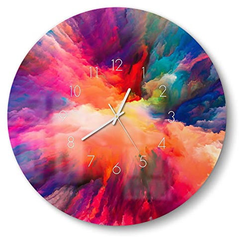DEQORI Glasuhr | rund Ø 50 cm | Motiv Bunte Farbwolke | große XXL Design Uhr aus Glas | leise Wanduhr für Wohnzimmer & Küche | Moderne Hingucker Uhr für die Wand
