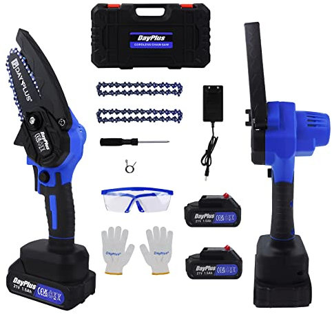 Mini Tronçonneuse Électrique Portable Brushless de 4 Pouces avec 2 Batteries Rechargeables et Chaînes, Portable Scie Électrique à Main pour Coupe de Branches d'arbres et de Bois, Mallette de Transport