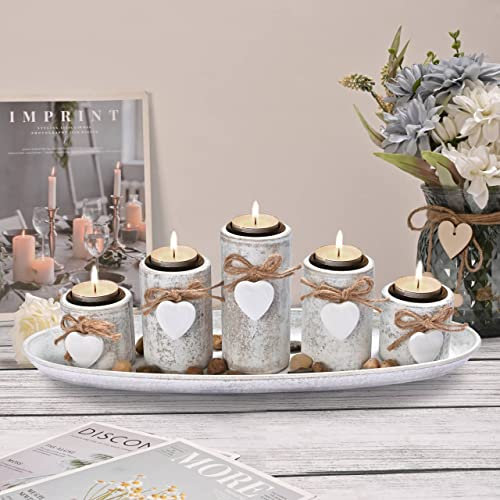 Yorkmills Candle Holder Set with Wooden Tray, Tealight Holders Vintage Candlestick Holder, Table Centerpiece Home Decor Living Room Bedroom Decoration Wedding Birthday Christmas Party Ornaments