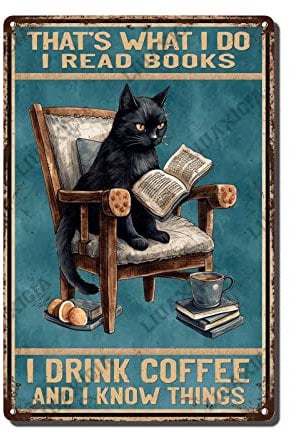 Vintage Metal Signs That's What I Do I Read Books I drink coffee and I know things Black Cat Metal Sign Vintage Coffee Station Wall Decor Metal Signs Home Kitchen Decorations 8x12 inch-Tin sign