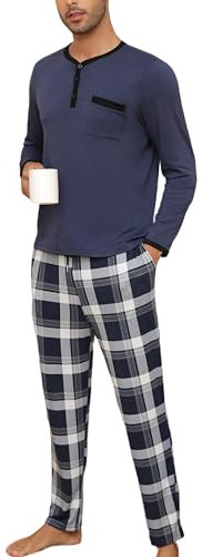 Yukiuiny Pyjama Homme Coton Ensemble Hauts de Pyjama Tee Shirt Manches Longues Col Rond Boutons Vêtements d'Intérieur Plaid Carreaux Vêtements de Nuit Confortable Bleu Foncé+Carreaux XL