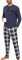 Yukiuiny Pyjama Homme Coton Ensemble Hauts de Pyjama Tee Shirt Manches Longues Col Rond Boutons Vêtements d'Intérieur Plaid Carreaux Vêtements de Nuit Confortable Bleu Foncé+Carreaux XL