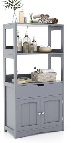 KOMFOTTEU Aufbewahrungsschrank mit 3 Ebenen, Hochschrank Mehrzeckschrank aus Holz, Badezimmerschrank mit Schublade & Türen, Küchenschrank Badregal 60x32,5x122cm (Grau)