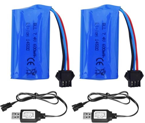 2PCS 7.4V 600mAh 2S Battery & SM-3P Plug & 2PCS USB Charging Line for DE82 TK3086B G20601 RC Toy RC Car TK-3082B Stunt Car Battery