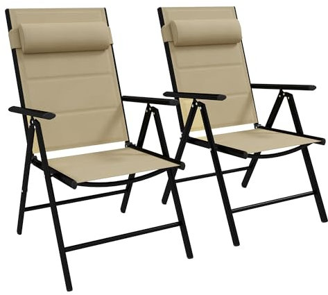 Outsunny Set of 2 Patio Folding Chairs with Adjustable Back, Aluminium Dining Chairs with Breathable Mesh Fabric Padded Seat and Backrest, Headrest for Outdoor Garden Lawn, Khaki