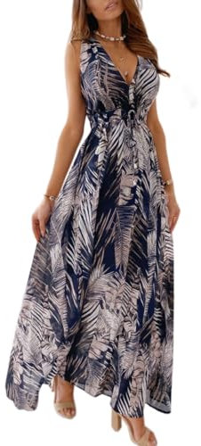 CheChury Women Maxi Dress Summer Sleeveless V-Neck Floral Casual Long Dress Beach Boho Style Deep V Back Sundress Flowy Dresses,Blue,M