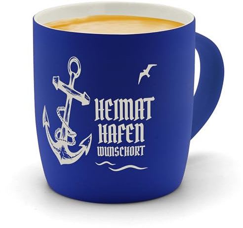 printplanet - Kaffeebecher mit eigenem Text graviert - SoftTouch Tasse mit Wunschtext - Matt-gummierte Oberfläche - Farbe Blau - Motiv: Heimathafen