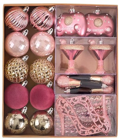 DecorbyHannah Weihnachtsbaumschmuck-Set, 40 Karat Rotgold, bruchsicherer Samt, Barbie-Weihnachtskugel, Ornamente für kleinen Weihnachtsbaum, Hochzeit, Party-Dekoration