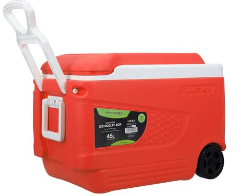 ROYALFORD Ice Cooler Box 45L Camping Picnic Insulated Food Container-Ice Box Lock Lid with Carry Handle, Trolley and Wheels Leakproof Design Travel Insulated Hot Box/Cold Freezer Box, Red
