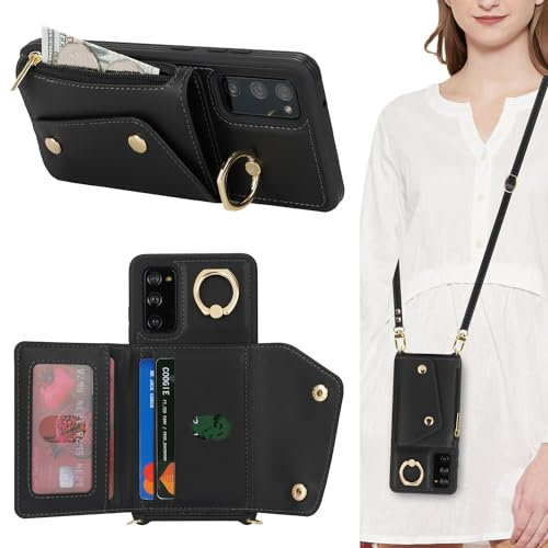 Lipvina Hülle für Samsung Galaxy S20 FE Hülle mit Band Kartenhalter handyhülle Hülle für Samsung Galaxy S20 FE mit Reißverschluss Band Ring Ständer Case für Frauen - Schwarz