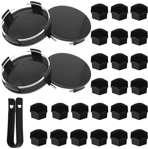 LongZYU 24 Tapones Tornillos Ruedas Coche 17 mm y 4 Tapa Bujes OD 60mm ID 56mm ABS Tapas Llantas Seat Cubierta Tuerca Ruedas Hexagonal para VW Au Automóviles con Juego de Herramientas de Extracción