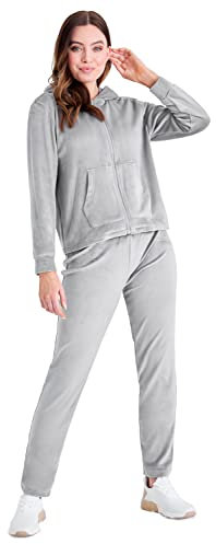 CityComfort Velour Womens Tracksuit Set Adults Teenagers Comfy Velvet Lounge Set 2 Piece Zip Up Long Sleeve Hooded Sweatshirt & Joggers Lounge Wear (2XL, Grey)