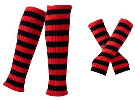 Whakano Fingerlose Handschuhe und Beinstulpen Set,Strick Beinwärmer Armwärmer Damen Warm Gestreifte Handwärmer Legwarmer Winter,Armstulpen Lange Stulpen für Yoga,Laufen,Party,Festival,Schwarz Rot