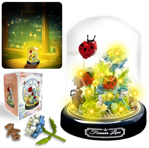 Felicify Construction de Fleurs avec Lumière LED, 596 PCS Jeux de Construction Fleurs avec Housse de Protection, Bloc de Construction Fleurs, Décoration de Maison pour Adultes et Enfants (Coccinelle)
