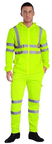 dPois Tuta da Lavoro da Uomo ad Alta Visibilità Giacca da Lavoro Riflettente Felpa di Sicurezza in Pile + Pantaloni Riflettenti di Sicurezza Set Completo Hi-Vis Riflettenti Verde XL