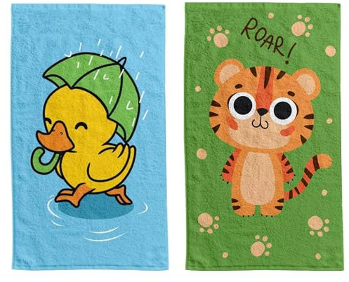 damaloo 2 asciugamani per bambini, 30 x 50 cm, con motivo tigre, in cotone, per ragazzi, set di asciugamani per ospiti con anatra, asciugamano per il viso piccolo, 30 x 50 cm, asciugamano per bambini