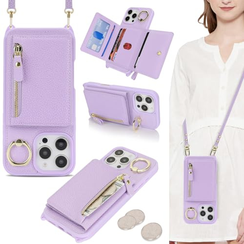 ELTEKER Cover compatibile con iPhone 16 Pro Max con Cordino Tracolla, Custodia in Pelle con Porta Carte Portafoglio [Cinghia regolabile] [Slot per schede] - viola chiaro