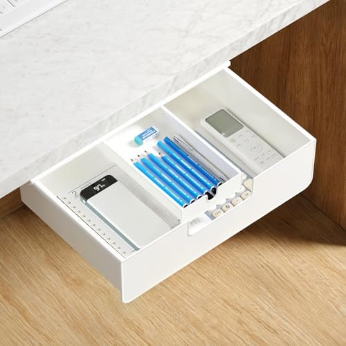 FRETONBA Unterbau Schublade XL Groß, Schubladen Unter Schreibtisch mit 2 Montagearten (Schrauben&Selbstklebende), Weiße Versteckte Schubladenbox, Untertisch Schublade für Schule, Büro, Zuhause
