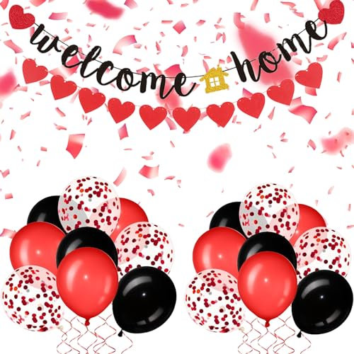 KOBOKO Willkommen Zuhause Deko, Welcome Home Baby Luftballons Rot Schwarz, Welcome Home Deko Ballon, Herzlich Willkommen Girlande Party Deko, Herz Folienballons Welcome Back Deko Einweihungsparty Home