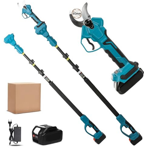 Sécateur électrique avec Perche 2.5M, Telescopique Electrique & 40MM Sécateur Électrique Sans Fil 2-en-1, Sécateur à Batterie avec 1 x 5.0Ah Batterie et 3 patrones de longitud: 1,6 M, 2,2 M, 2,8 M