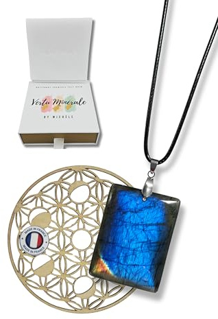 Vertu Minérale PENDENTIF PIERRE NATURELLE VERITABLE & Fleur de Vie Phases Lunaires en bois - Qualité Exceptionnelle - Création Française - Cadeau Femme, fille (Labradorite Naturelle, Forme Rectangle)