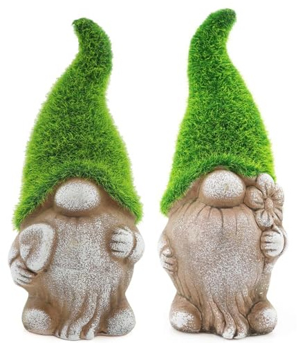 Set of 2 Mossy Hat Garden Gnomes – 18cm 7 Stone-Effect Gonks with Grass Green Flocked Hats & Spades – Cute Figurines for Home, Patio, Balcony or Garden Decor