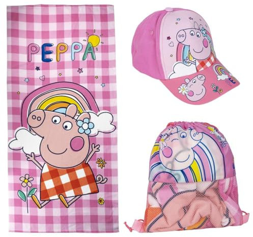 Peppa Pig 3-teiliges Set, Badetuch 70x140cm, Cap Gr. 51 und Sporttasche, Rosa, Peppa Wutz (Rosa)