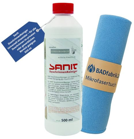 BADfabrik24 Sanit DuschrinnenReiniger 500 ml – Art.-Nr.: 3067 – entfernt Haare & Seifenreste – für alle Duschrinnen – inkl. Mikrofasertuch 40x40 cm – schonend & effektiv