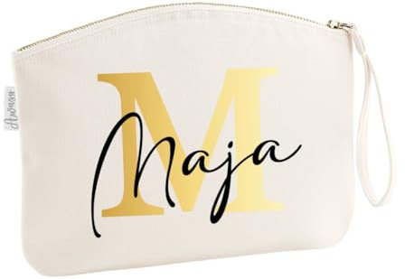 minimutz Schminktasche für Mädchen mit Name | Motiv Buchstabe Initiale inkl. Namensdruck | Personalisierte Kosmetiktasche Ordnungshüter Mädchen Damen XL (35 x 25 cm) in beige
